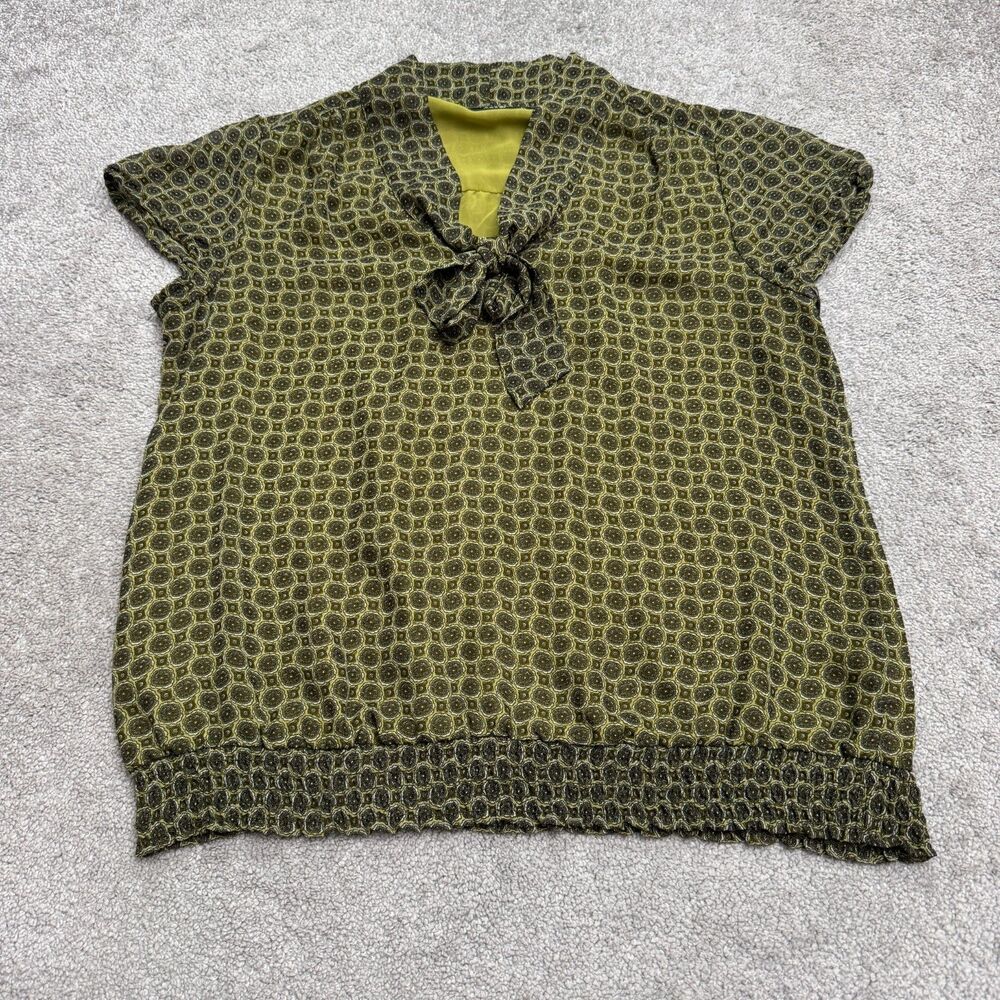 Apt. 9 Geometric Tile Tie Neck Chiffon Bubble Waist Blouse Women L Green Casual